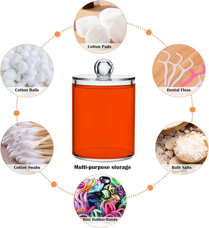 Orange Red Qtip Holder Organizer Dispenser Cotton Swabs Cans Plastic Jars with Lid Set 2 Pack Bathroom Storage Canister for Cotton Ball Floss Cotton Pads