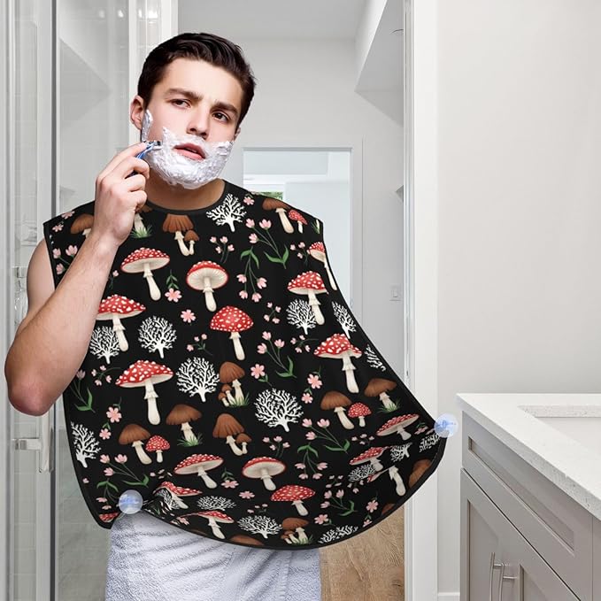 Beard Bib Apron for Men Shaving, Waterproof Non-Stick Hair Catcher with Suction Cups, Grooming Essential for Dad Husband, Cool Fall Leaves Red Mushrooms Black Shave Bib