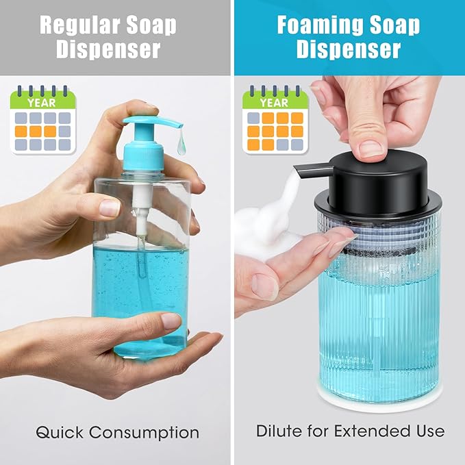 NiHome 14oz Multifunctional Glass Foaming Hand Soap Dispenser with Elegant Stripe Pattern, High-Capacity Easy to Refill for Home & Commercial Use, Advanced Foam Pump & Non-Slip Base (Frosted Black)
