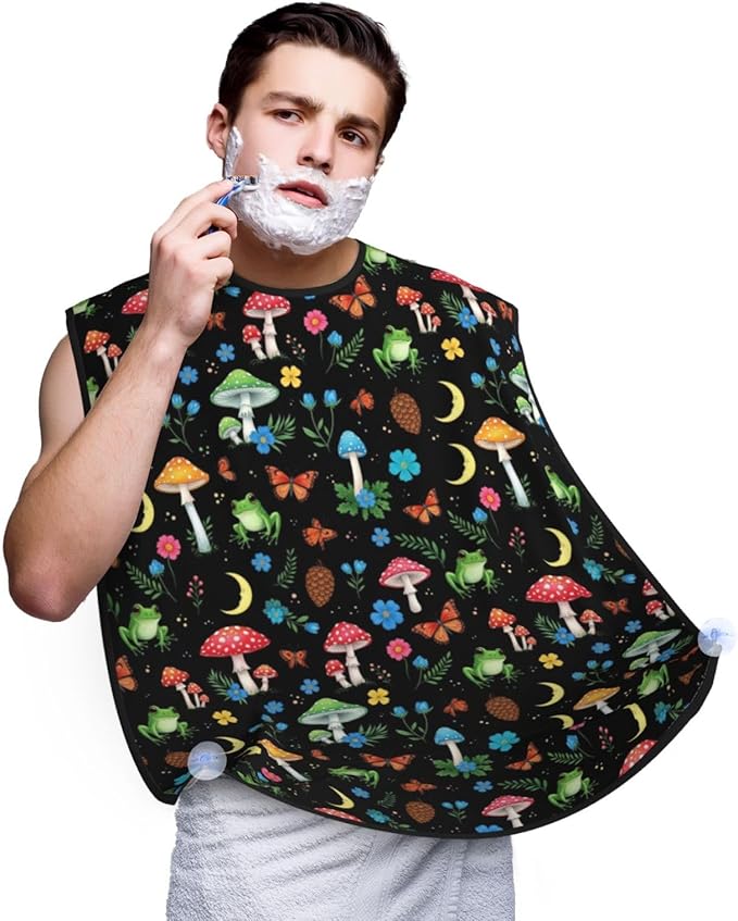 Waterproof Grooming Apron, Non-Stick Beard Bib with Suction Cups, for Moon Frogs Trippy Mushroom Leaves