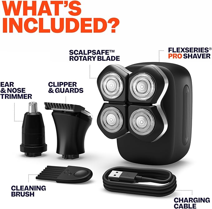 Freebird FlexSeries Electric Head & Body Hair Shaver, Mens Cordless Rechargeable Wet and Dry Skull, Bald Head, Back, Groin Waterproof Razor with Rotary Blades (FlexSeries Pro, Without Accessories)