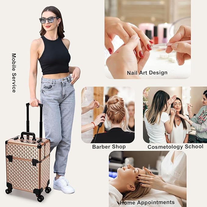 Stagiant Rolling Makeup Train Case Large Storage Cosmetic Trolley 4 Tray with Sliding Rail Removable Middle Layer with Key Swivel Wheels Salon Barber Case Traveling Cart Trunk