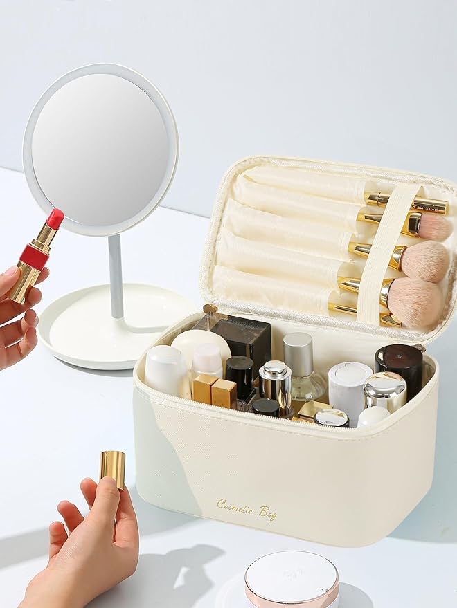Meiyuuo Makeup Bag Large Cosmetic Bags for Women Girls Cute Travel Zipper Pouch Toiletry Organizer for Beauty Essentials Waterproof (Beige)