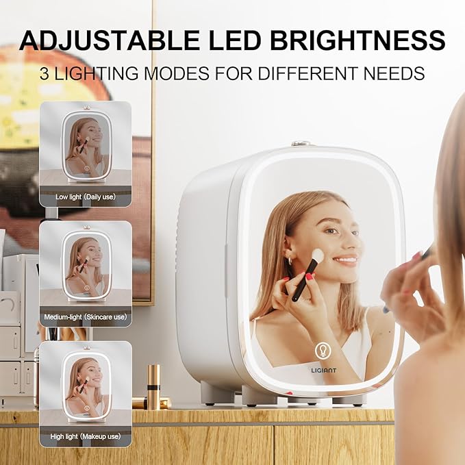 DF01A Skincare Fridge, With 3-Level Dimmable LED Light Mirror, Low Noise Mini Fridge, 4L Large Capacity, Cooler & Warmer, Portable Design for Multiple Uses - Bedroom, Office, and Travel