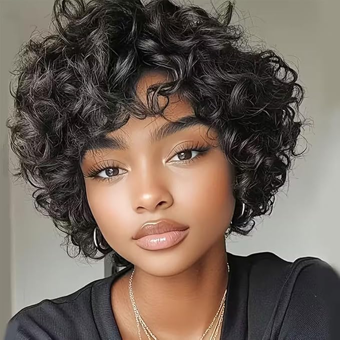Adette Brazilian Human Hair Wig - 6 Inch Short Curly Style 180% Density for Black Women, Natural Black Color with Bangs