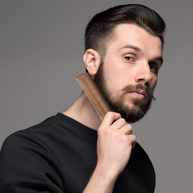 3 Pieces Beard Comb for Men Natural Sandalwood Wooden Mustaches Combs Dual Action Teeth Beard Comb with 3 Pieces Pocket Faux Leather Case for Beards Mustaches(Brown)