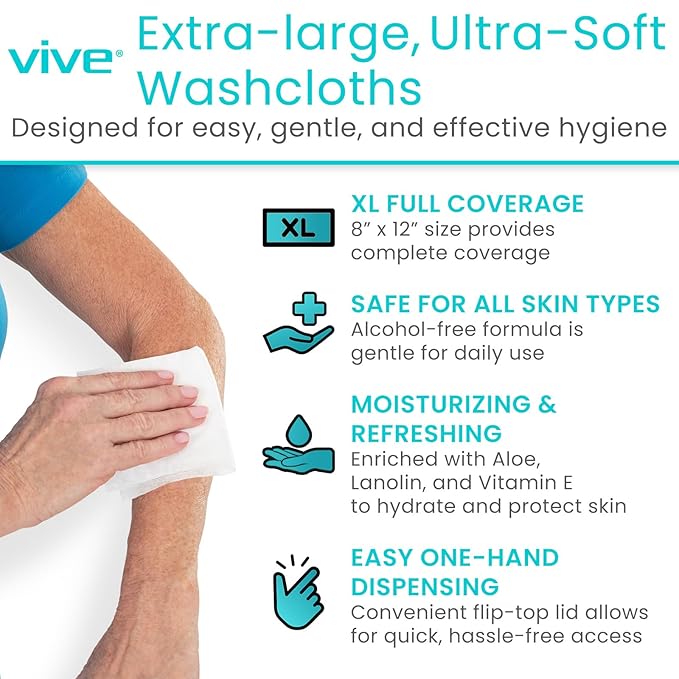 Vive Disposable Washcloths for Adults & Elderly (1 Pack - 50 Count - 8"x12") – Incontinence Wipes for Men & Women – Hypoallergenic No Rinse Adult Body Wipes for Sensitive Skin – Fresh Scent