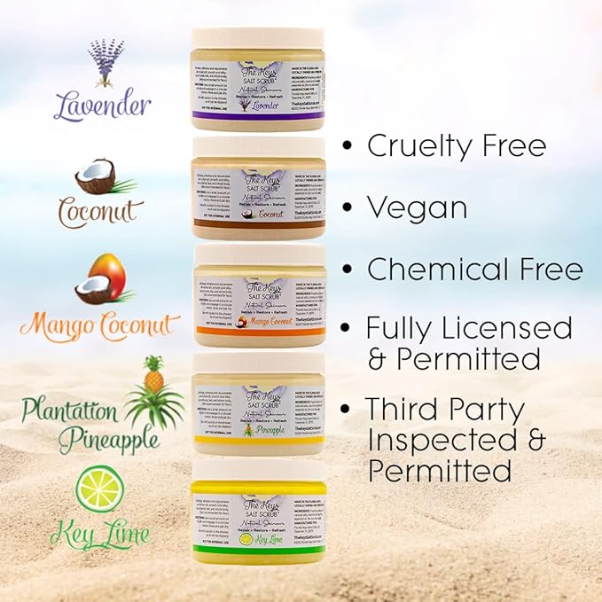 The Keys Salt Scrub -Sea Salt Scrub - Exfoliating Body Scrub with Wooden Spoon - Moisturizing Exfoliator for Hands, Foot, Bath, (12 Ounce (Pack of 3), Key Lime)