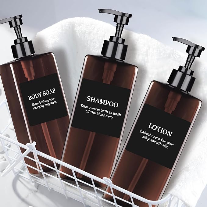 Amber Refillable Plastic Pump Bottle Set, 500ML - Waterproof Labels, Shampoo and Conditioner Dispenser for Shower (Set of 3)
