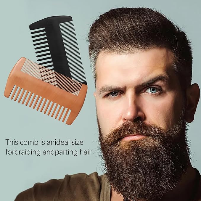 Wooden Beard Comb Kit, Dual Action Fine & Coarse Teeth, Wood Color and Black Pocket Comb for Beards & Mustaches & Hair Grooming Care (2 Pack)