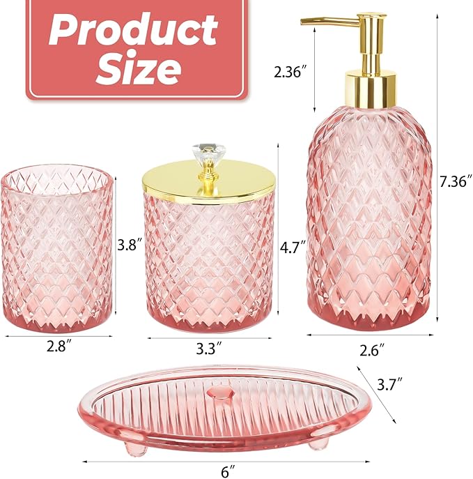 Jenseits Diamond Glass Bathroom Accessories Set 4 Pcs - Pink & Gold Bathroom Decor Set with Soap Dispenser, Toothbrush Holder, Qtip Jar, Vanity Tray - Luxury Gift for Women, Home Apartment Essentials