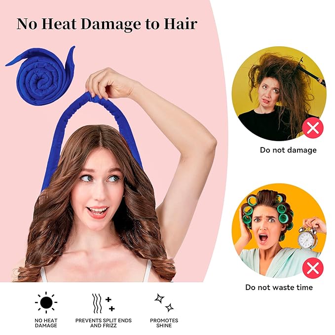Heatless Curling Rod Headband, Upgraded 60" Extra Long Heatless Curls Soft Hair Curlers to Sleep In, Hair Rollers for No Heat Curls - Deep Blue