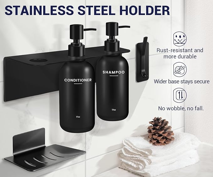 KLL Shampoo and Conditioner Dispenser Set - Wall Mounted Shower Soap Dispenser - 17oz No-Drill Refillable Plastic Pump Bottles for Bathroom - Includes Soap Dish & Hook (Black)
