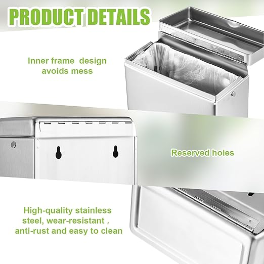 Tioncy 1 Pcs Sanitary Disposal Tampon Napkin Bathroom Receptacle Wall Mounted with Sanitary Receptacle Liner Frame Holder Stainless Steel Mini Bin Restroom Commercial Small Space (Natural Color)