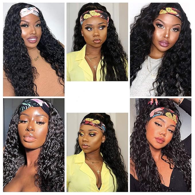 XSY Headband Wig Human Hair Deep Wave Glueless None Lace Front Wig Deep Curly Headband Wig Wear and Go Wigs for Black Women Brazilian Virgin Hair 150% Density Natural Color 8 Inch
