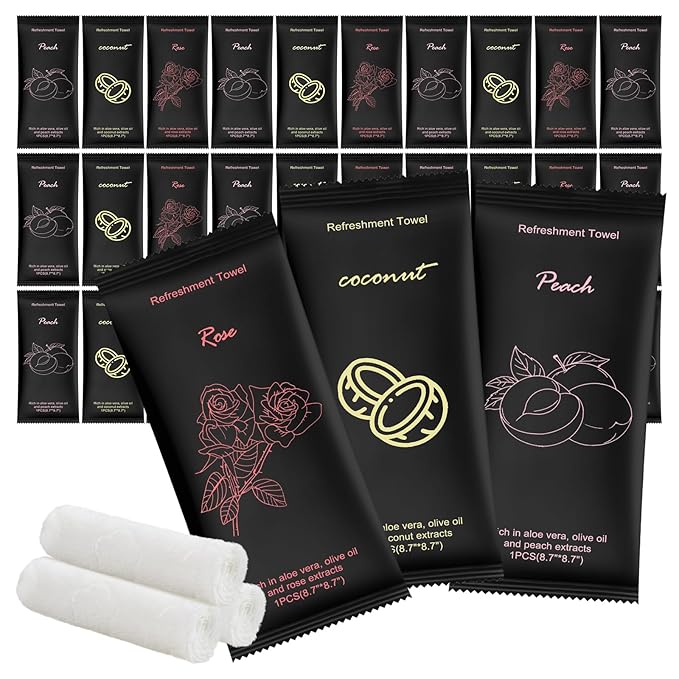 Moist Cotton Towel Bulk Moist Towelettes Individually Wrapped 8.7" x 8.7",White Towel Services,Refreshment Pre Moistened Towels Peach,Rose and Coconut for Sport Party Spa(Pack of 15)