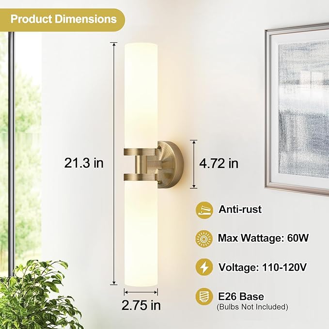 Wall Sconces Set of Two, Brass Bathroom Sconces Wall Lighting with Milky White Glass, Modern Sconces Wall Decor Set of 2 Bathroom Light fixtures for Mirror Living Room Hallway Bedroom