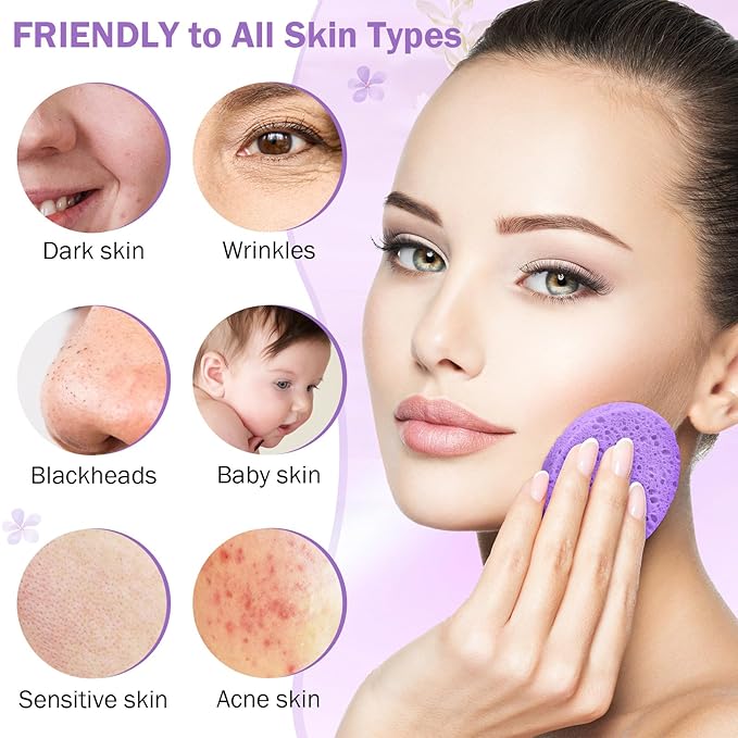 Amyhill 300 Count Compressed Facial Sponges Natural Face Sponges for Cleansing Disposable Facial Exfoliating Pads for Estheticians(Purple)