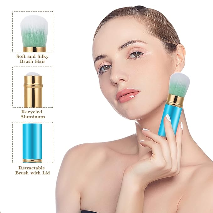 Falliny Retractable Kabuki Makeup Brush, Travel Mini Face Blush Brush, Portable Powder Foundation Sunscreen Brush with Cover for Blush, Bronzer, Buffing, Flawless Powder Cosmetics