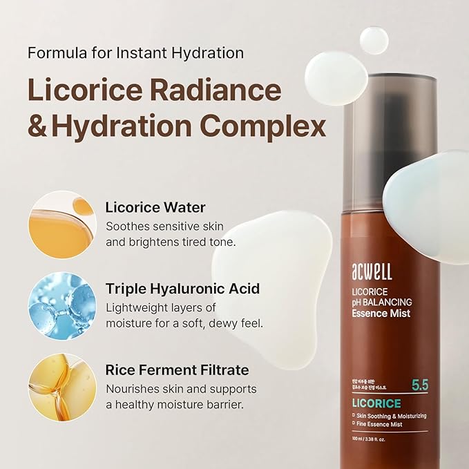 ACWELL Licorice pH Balancing Essence Hydrating Face Mist – Ultra-Fine Facial Spray with Licorice, Triple Hyaluronic Acid & Panthenol, Soothing Hydration & Barrier Repair for Sensitive Skin, 3.38 fl oz