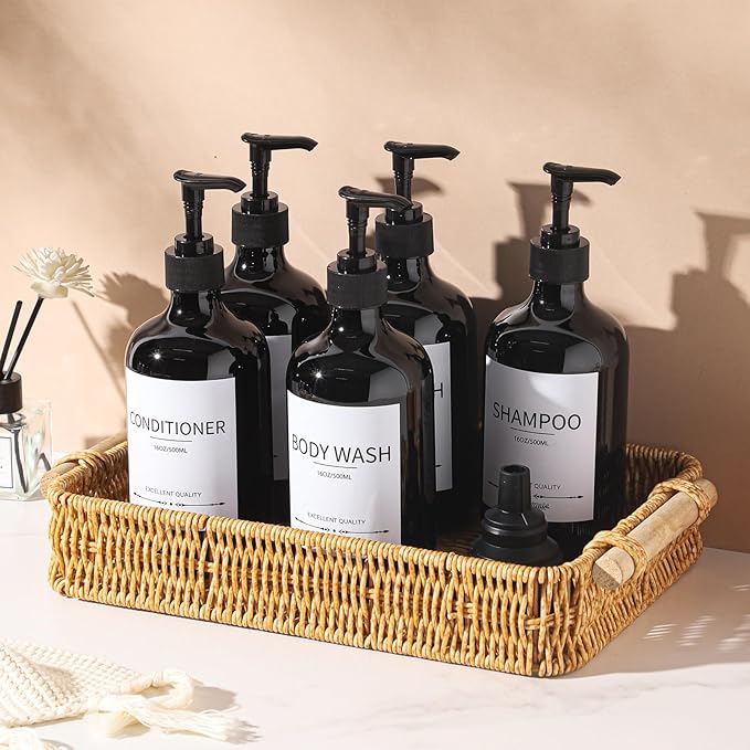 Stylish Shampoo Dispenser Bottles,(5Pack) 16.9oz Black Shampoo Bottles Refillable with Pump,Shampoo and Conditioner Dispenser