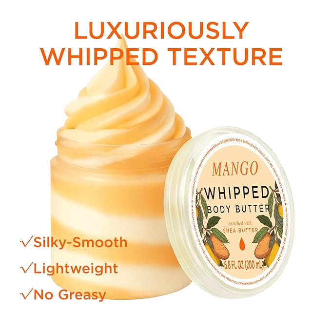 Princess Belle Mango Whipped Shea Body Butter, Body Moisturizer for Dry Skin, Smell Good, Mango Gifts for Women-2 Pack (3.4floz + 6.8 floz)