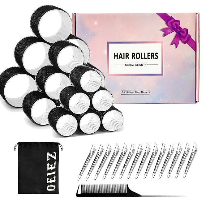 38Pcs Hair Rollers Set,Hair Rollers for Blowout Look, Self Sticky Hair Curlers, Jumbo Large Medium Sizes for Short Long Hair,with18 Rollers 18 Metal Clips & Comb & Storage Bag (Gift Pack)