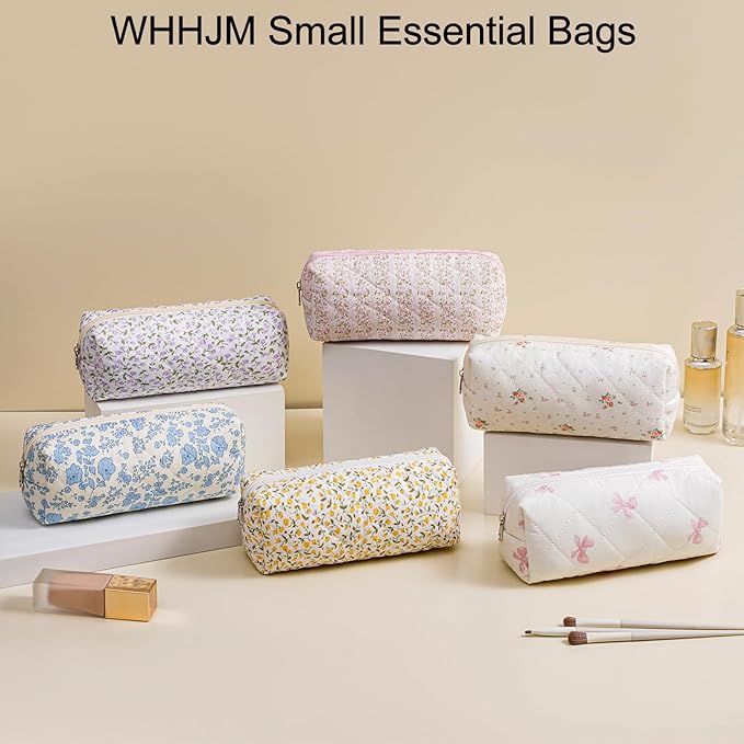 Cute Floral Makeup Brush Bag Small Cotton Quilted Cosmetic Bag for Women Travel Toiletry Zipper Make Up Pouch (Pink Small Bowknot)
