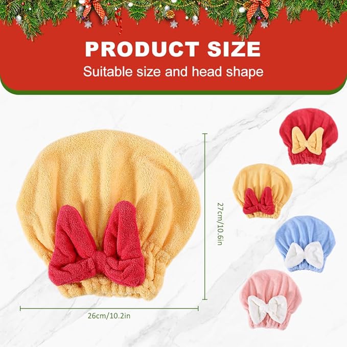 2PCS Microfiber Hair Drying Caps, Christmas Absorbent Hair Towel Wrap for Women Wet Hair Quick-Drying Hair Towels, Soft Bow Tie Wet Hair Towel Wrap for Party Favors Goody Bag Filler (Pink+Red)