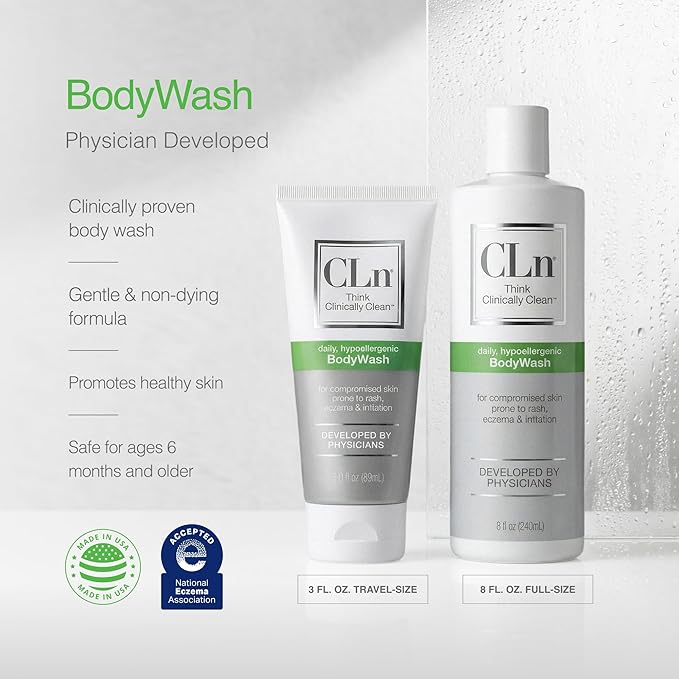 CLn® BodyWash –Non-Drying Body Wash Preserved with Sodium Hypochlorite, For Compromised Skin Prone to Eczema, Dermatitis, Rash & Hidradenitis Suppurativa, Fragrance-Free & Paraben-Free, 3 fl oz