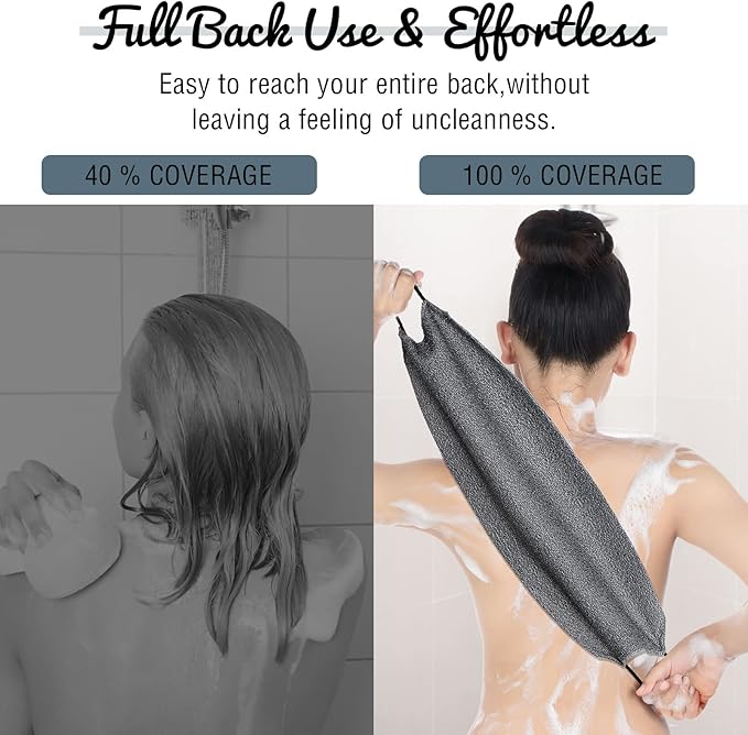 Back Scrubber for Shower Exfoliating Washcloth Back Cloth Body Extended Length Scrubber Towel Nylon Exfoliating Stretchable Pull Strap Wash Cloth for Bath Body Scrub Washcloth 2 Pack (Gray,White)