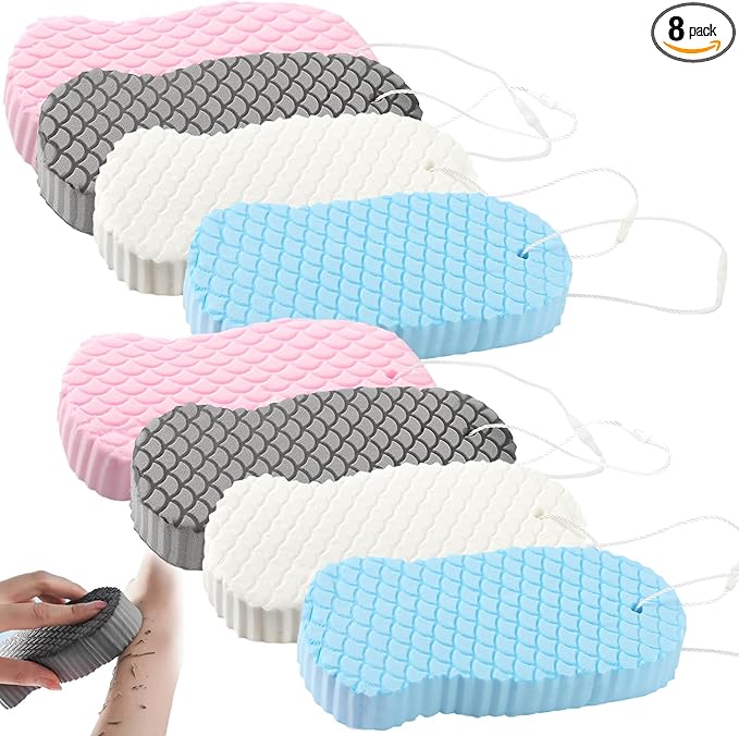 8-Pack Magic Exfoliating Bath Sponge - 3D Super Soft Body Dead Skin Remover - Reusable Deep Cleansing Scrubbing Sponge for Adults and Sensitive Skin (Multi-Color)