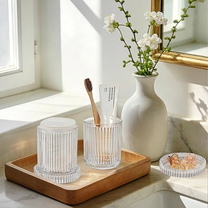 SheeChung 2-Pack Ribbed Glass Apothecary Jars - Clear Qtip Holder Dispenser Set - Vintage Bathroom Vanity Organizer for Cotton Swabs, Balls, Pads, Floss Picks - Modern Farmhouse Decor