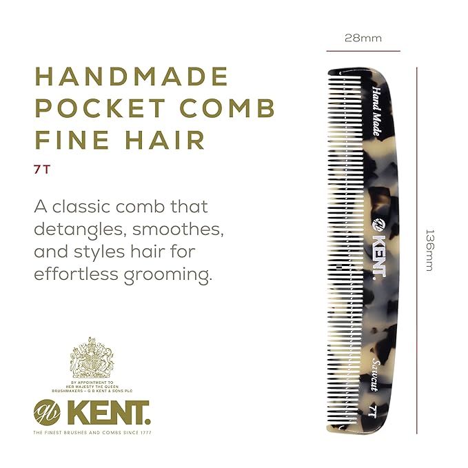 Kent 7T TW Handmade All Fine Tooth Pocket Comb for Men, Hair Comb Straightener for Everyday Grooming Styling Hair, Mustache and Beard, Use Dry or with Balms, Saw Cut and Hand Polished, Made in England
