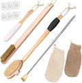 Wood Bath Brush,Long Handle Body Back Scrubber with Soft and Natural Bristles Antiskid Shower Brush Set for Bathroom Wet or Dry Exfoliating (6 Pack) (20.6'' Long Handle)