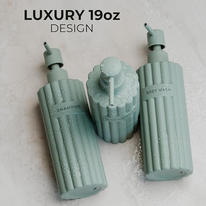Stylish Shampoo and Conditioner Dispenser Set of 3 - Modern 19oz Shower Soap Bottles with Pump and Labels - Easy to Refill Body Wash Dispensers for an Instant Bathroom Decor Upgrade