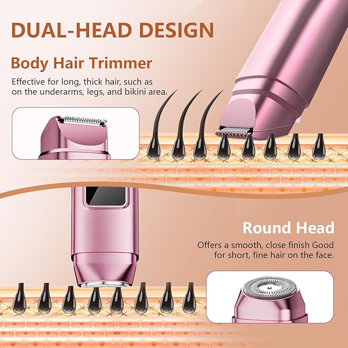 Electric Bikini Trimmer for Women: IPX7 Waterproof Dual Head Cordless Electric Shaver for Women with LED Display & 0.5mm Ceramic Blades for Pubic Hair, Face, Legs - Tea Rose