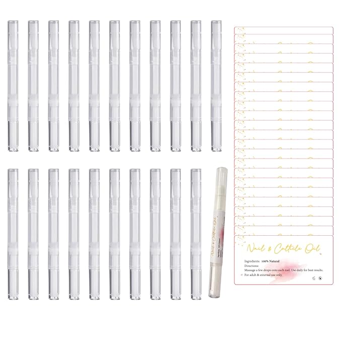 20 Pack 3ml Empty Cuticle Oil Pens Nails Oil Transparent Twist Pen with Brush Tip Label Sticker for Nail Business Retail(20pen+labels)