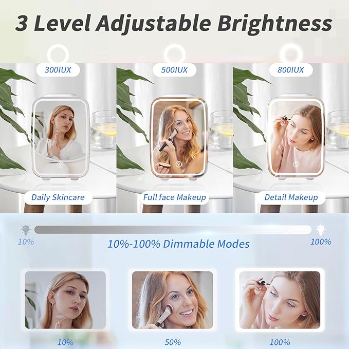 Skincare Fridge Mini Fridge for Bedroom with Dimmable LED Mirror, 4Liter/6 Cans Cooler and Warmer for Makeup, Cosmetic, Beauty, Portable Refrigerator for Bedroom, Vanity, Office and Car- White