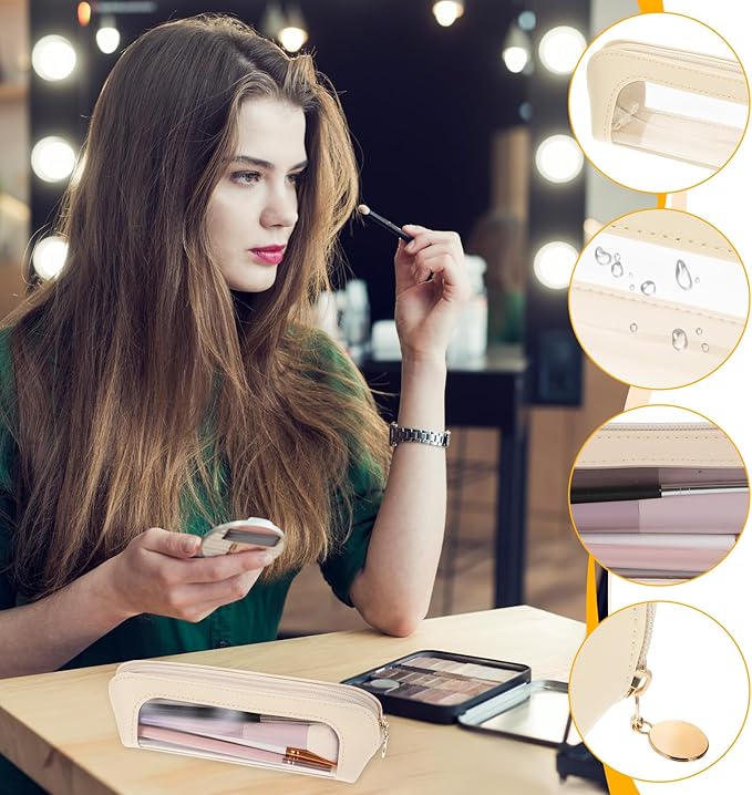 Lusofie Small Clear Makeup Bag, PU Leather Makeup Brush Bag, Portable Clear Make-Up Brush Pouch with Zipper, Multi-use Cosmetic Organizer Bags for Women (Beige)