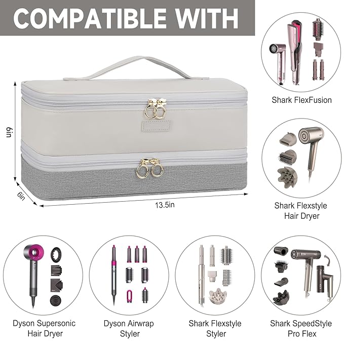Travel Carrying Case Compatible with Shark Flexstyle/FlexFusion/Hair Dryer,Double-Layer Hair Hot Tools Storage Bag Fits for Dyson Airwrap Styler/Supersonic Hair Dryer and Attachments,Grey-Bag Only