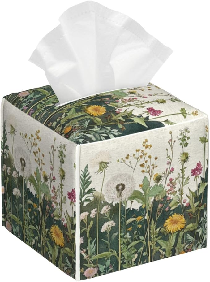 Retro Herbs Spring Dandelion Tissue Box Cover Leaves Summer Holiday Square Leather Tissue Holder Decorative Facial Tissue Cube Paper Cover Case Organizer for Bathroom Night Stands Desk Home