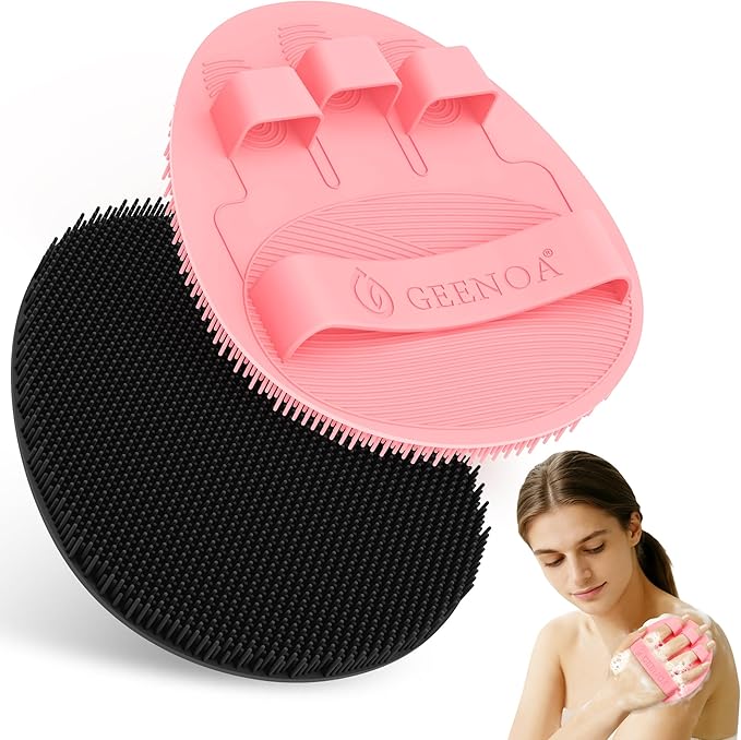 Upgrade Silicone Bath Glove 2PCS, 360° Anti-Slip & Enlarged Silicone Body Scrubber for Rich Foam Deep Cleaning, Revolutionary No-Grip & Hand-fit Shower Scrubber for All Skin Types(Black+Pink)