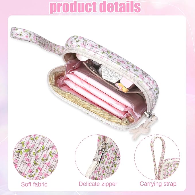 Small Makeup Bag | Discreet Period Bag Pad Pouch for Purse| Sanitary Napkin Storage & Tampon Holder for Travel(Flower pink)