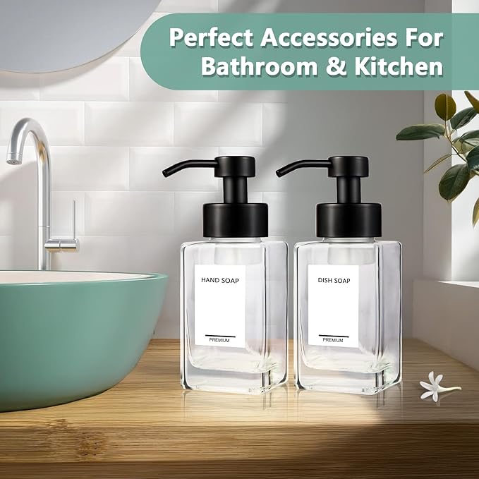 Foaming Soap Dispenser 2 Pack, 12oz/350ml Glass Foaming Hand Soap Dispenser Set with Stainless Steel Pump, Square Refillable Foam Pump Bottles for Bathroom&Kitchen,Includes 6 Labels