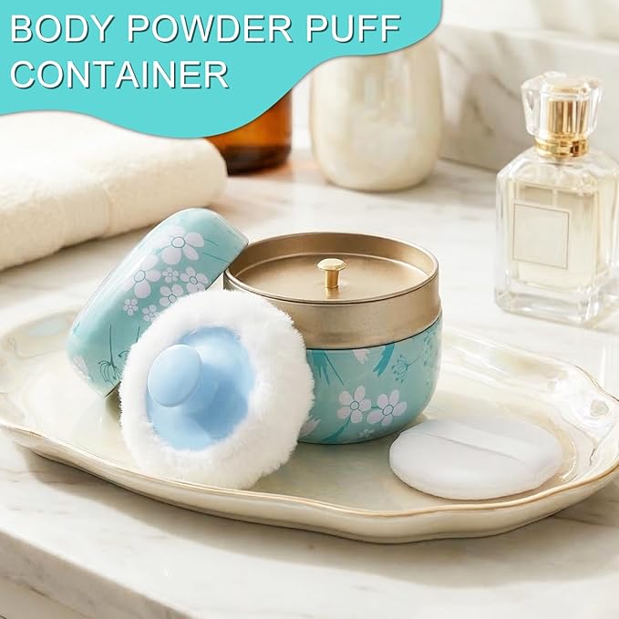 SHIMIDO Body Powder Puff and Container, 3.15" Portable Empty Powder Case Box with Lids for Baby, Women's, Travel and Home Use (White Flowers)