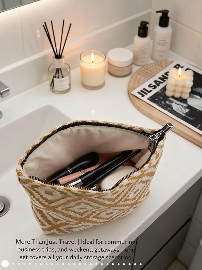 Parallel Checkered Embroidery Yellow Makeup Bag for Women Girls - Large Capacity Cosmetic Pouch | Travel Toiletry Bag & Purse Organizer