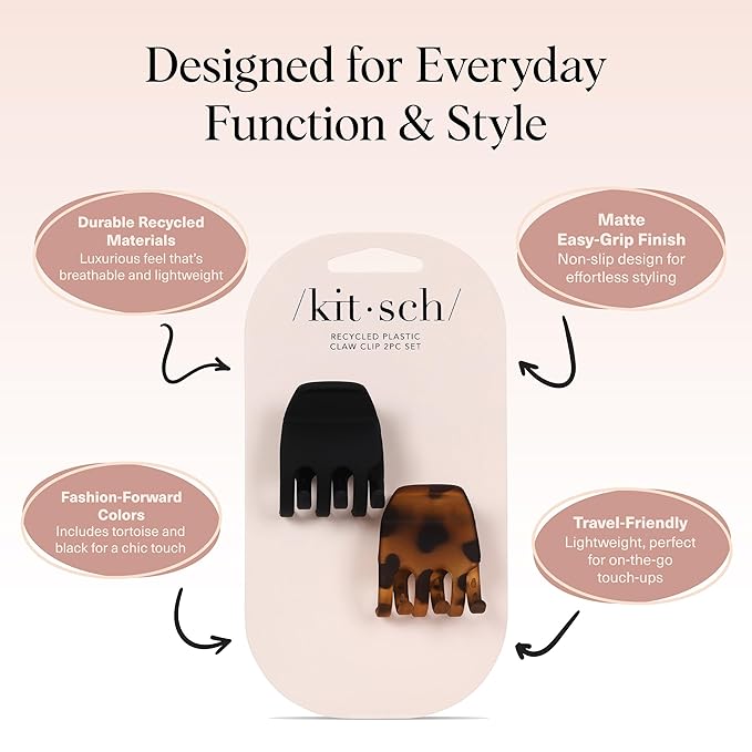 Kitsch Eco-Friendly Medium Claw Clips - Cute & Stylish Short Hair Accessories for Women, Girls | Ideal Size for Any Hairstyles | Ideal Gifts for Women, 2pcs (Black & Tortoise)