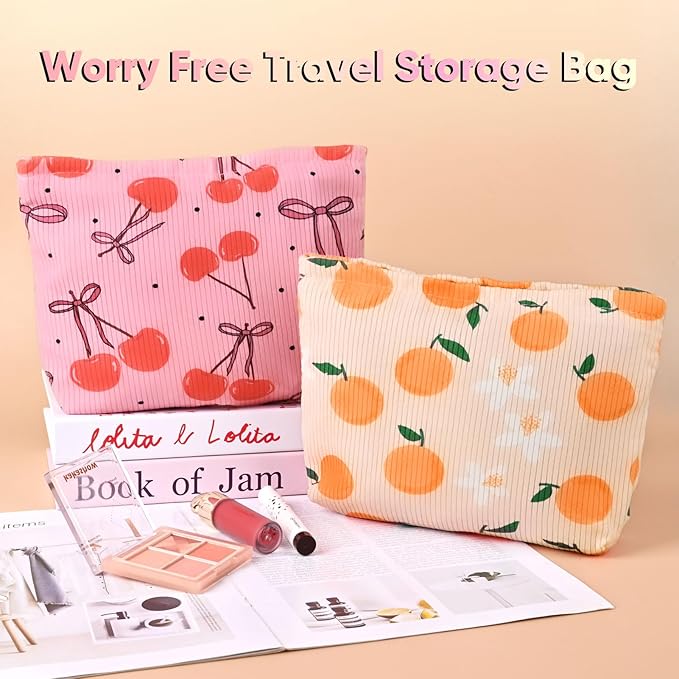 Cute Cherry Makeup Pouch for Women Small Make Up Bag for Purse Zipper Initial Makeup Cosmetic Bags Pouches for Purse Aesthetic Travel Toiletry Bags, Red Cherries Bows