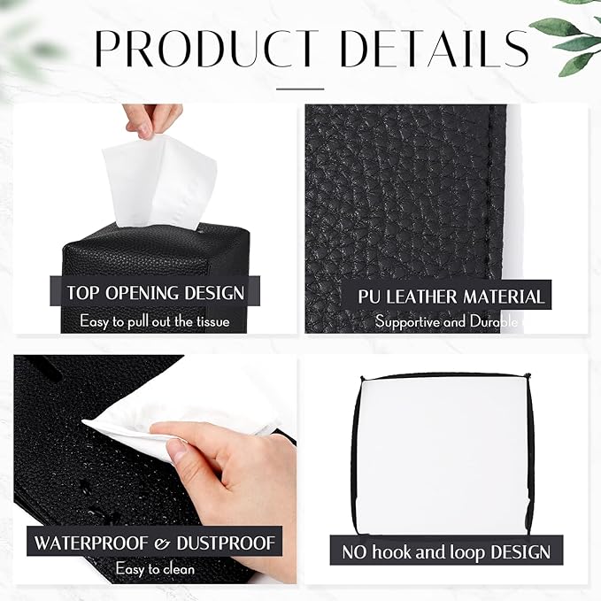 Honeydak 10 Pcs Tissue Box Cover Square Modern PU Leather Tissue Box Holder Decorative Organizer Container for Bathroom Vanity Countertop, Night Stands, Office Desk Car Supply 5.3"x5.3"x5.3"(Black)